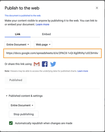 Screenshot of Google Sheets 'Publish to the web' dialog window highlighting the URL to copy