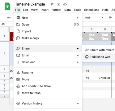 Screenshot of Google Sheets showing location of 'Publish to web' menu option